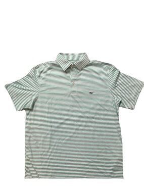 Vineyard Vines Mint and White Striped Short-Sleeve Performance Polo Small